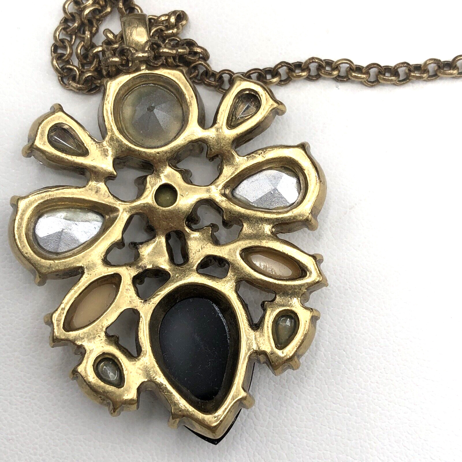 J CREW Pendant Necklace Neutral Crystals Black Clear Tan Antique Gold Tone w Bag