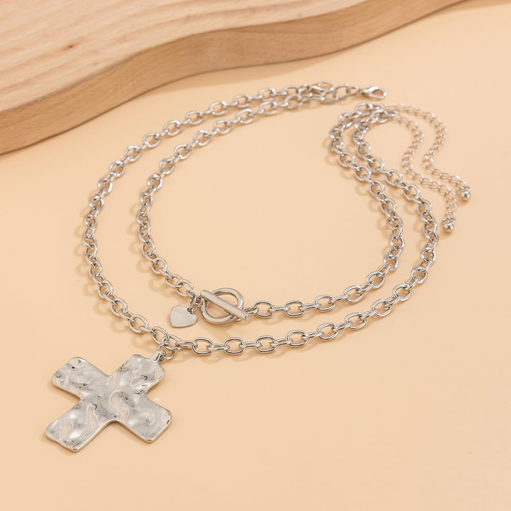 Layered Chunky Cross Necklace for Women，Multilayer Punk Hammered Choker,Trendy H