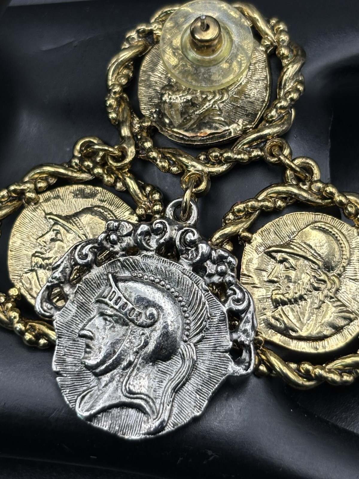 coin charm necklace Earrings Set Layered Two Tone Roman Greek Soldier Medallion