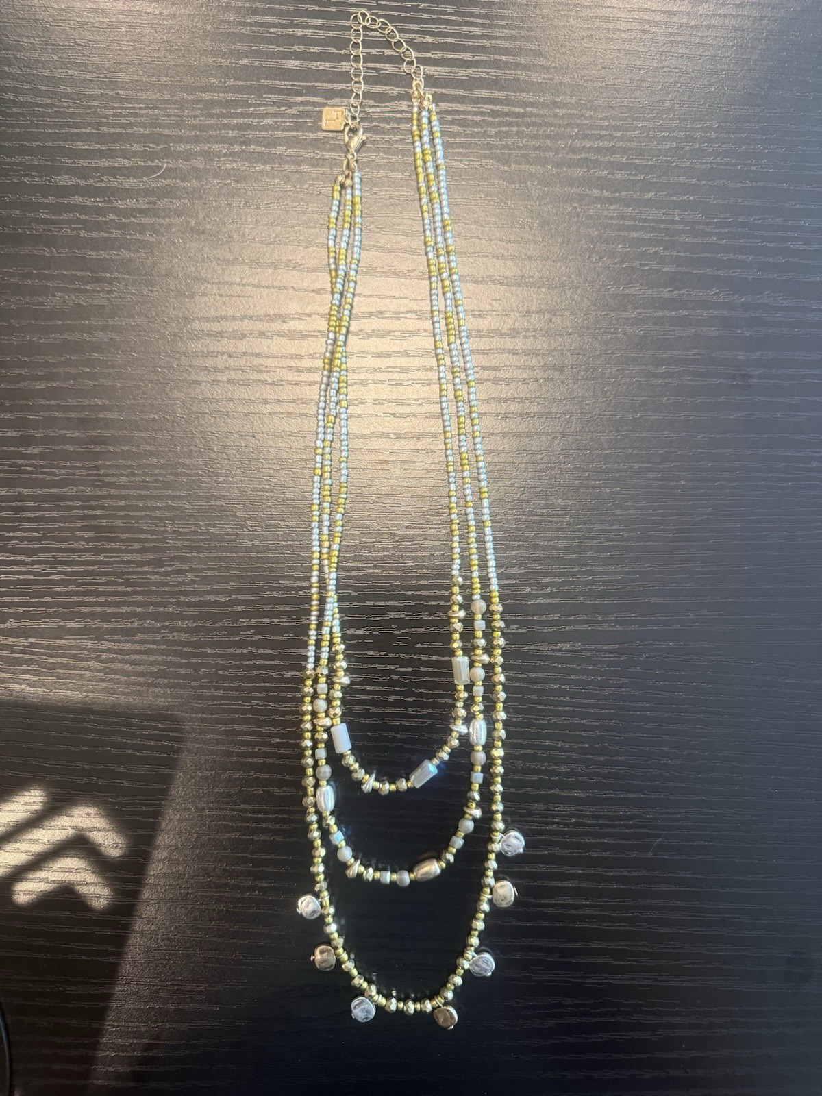 Signed Park Lane Triple Strand Blue Gray Gold Beaded Statement Necklace PL