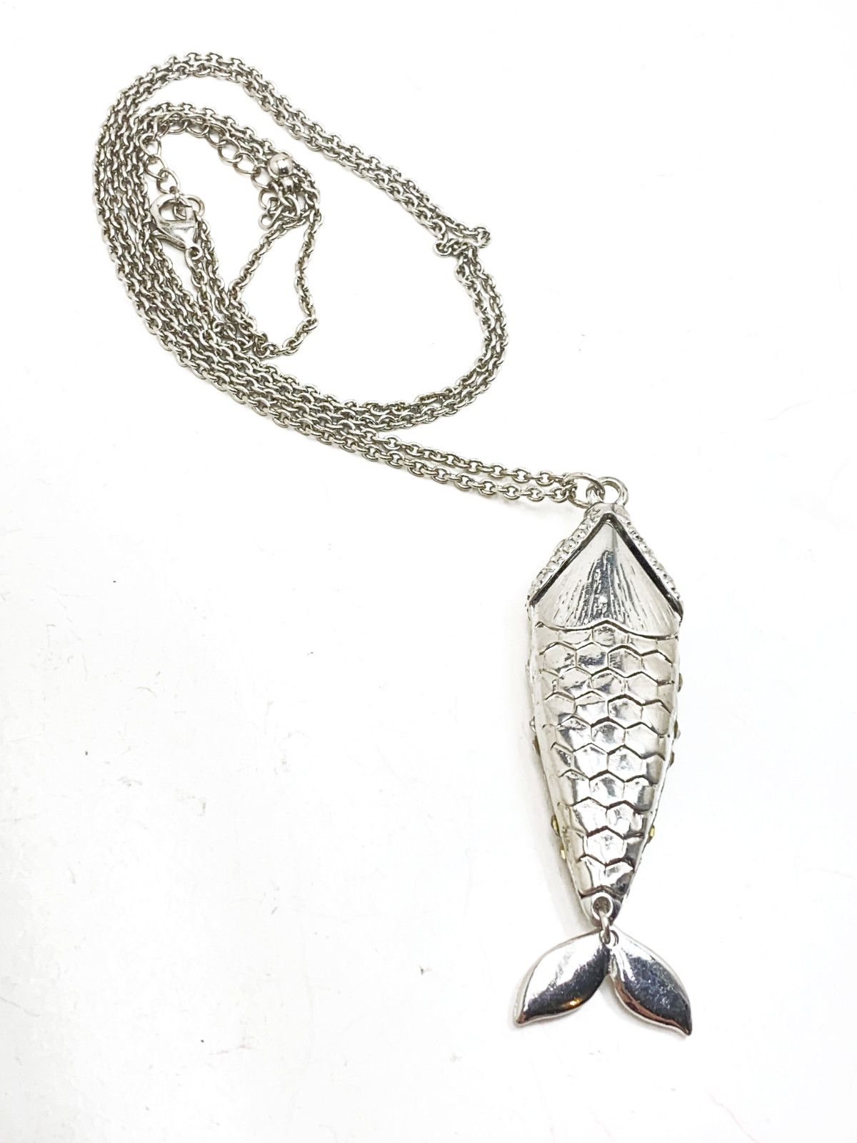 Fish Pendant Sparkly Pave Rhinestone 32 in Long Silver Tone Chain