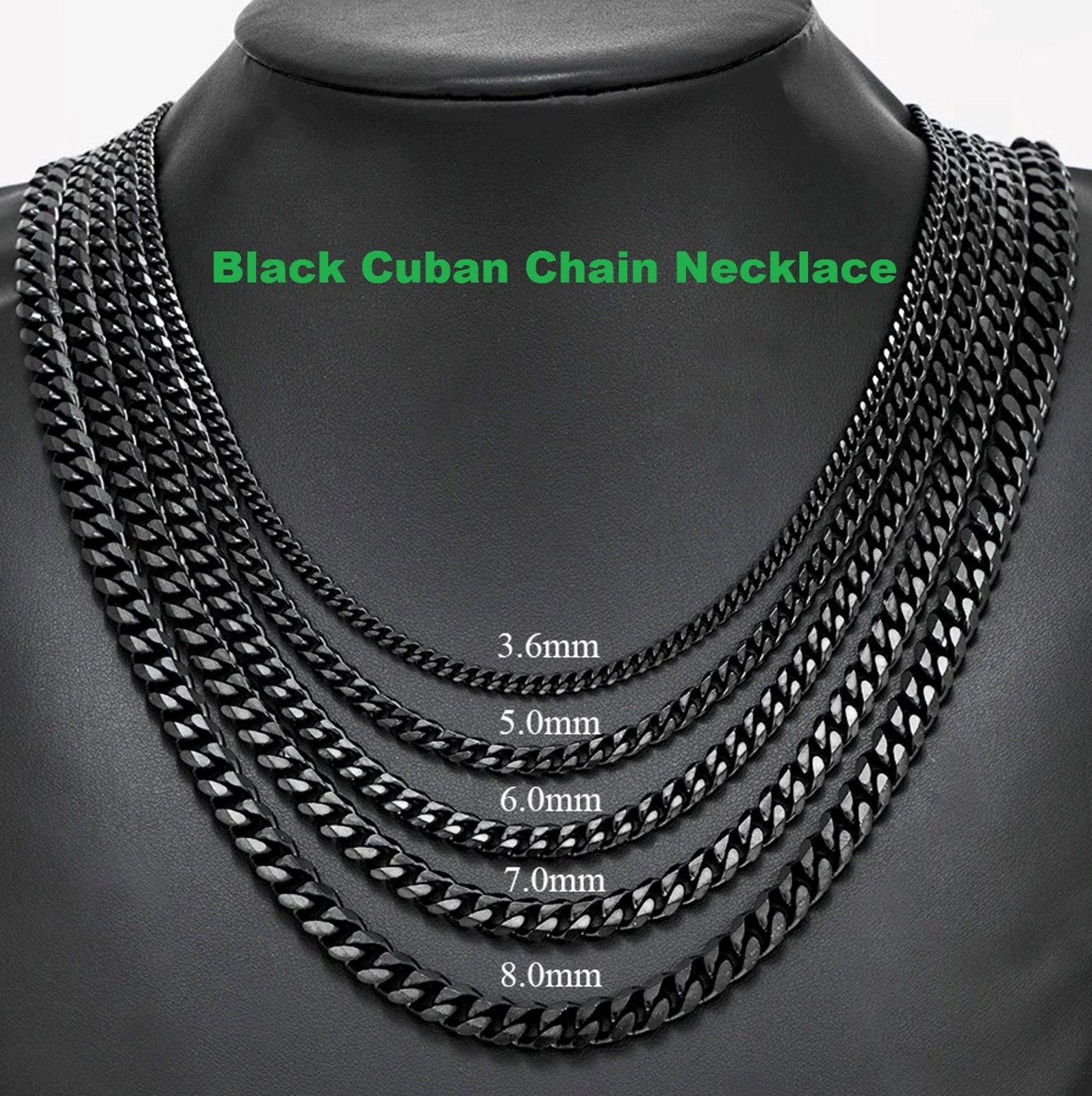 Chain Necklace Wheat stainless steel Black for men&women, 16/ 30 in, 3/4/5/6/7mm
