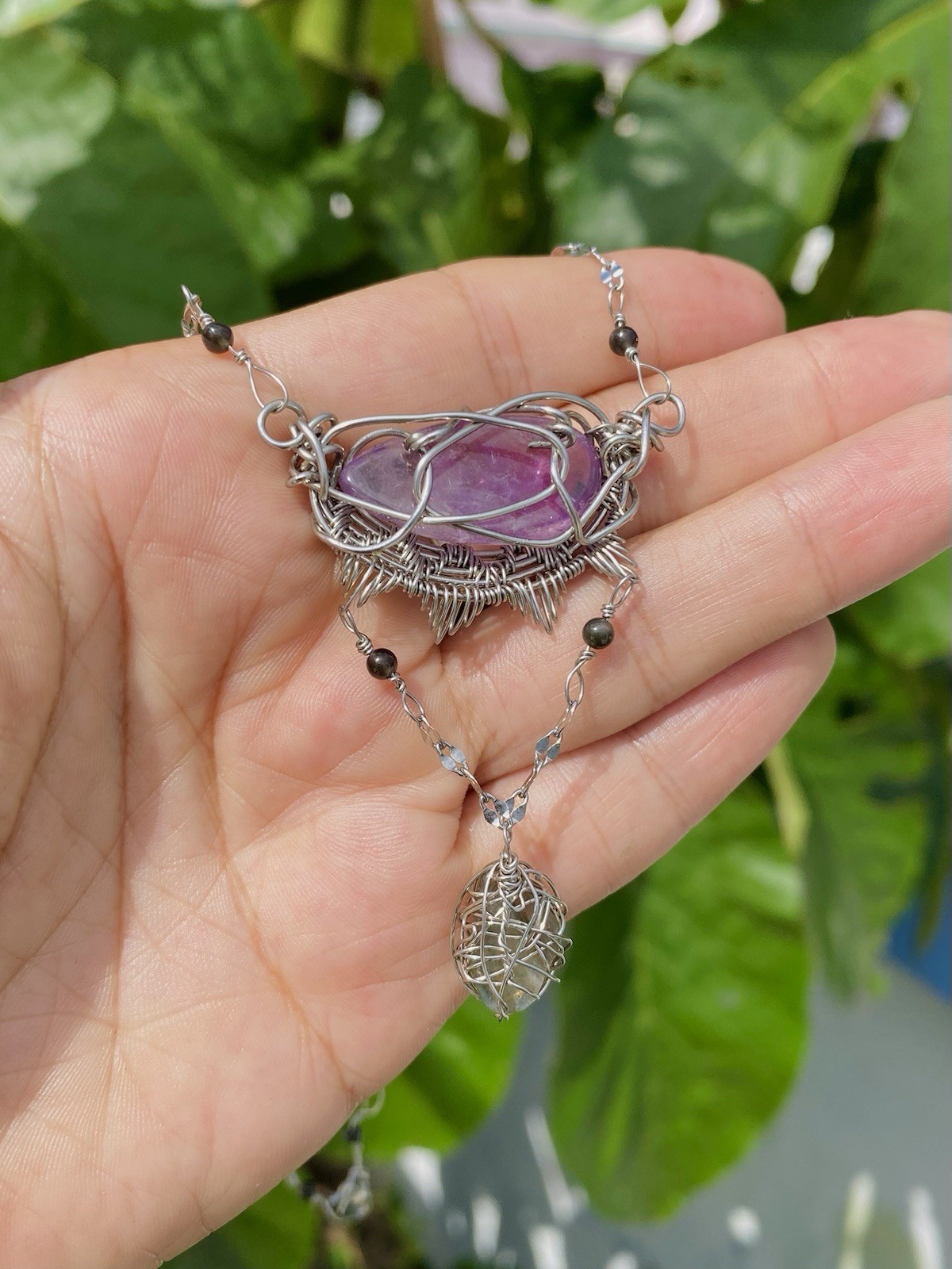 Handmade Amethyst & Labradorite Necklace Wire Wrapped Gemstones On Steel Chain