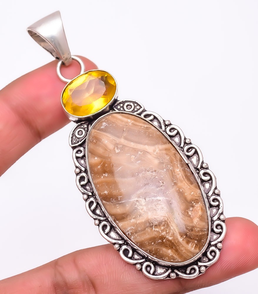 Natural Wave Jasper & Citrine 925 Silver Plated Jewelry Pendant 3.0″ S2090