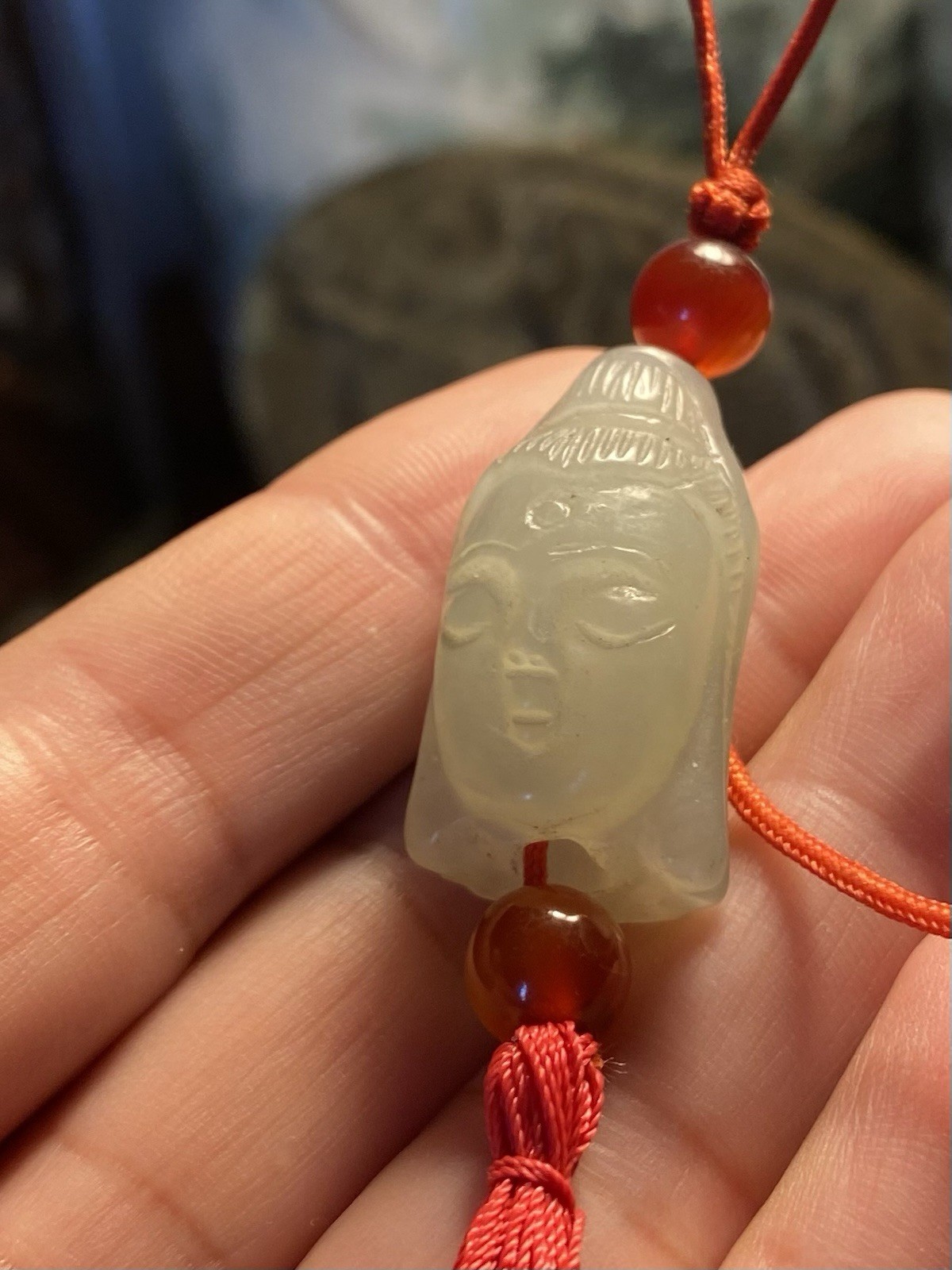 Adjustable Red Cord Carved White Jade Charm Pendant Necklace w/ Agate Beads