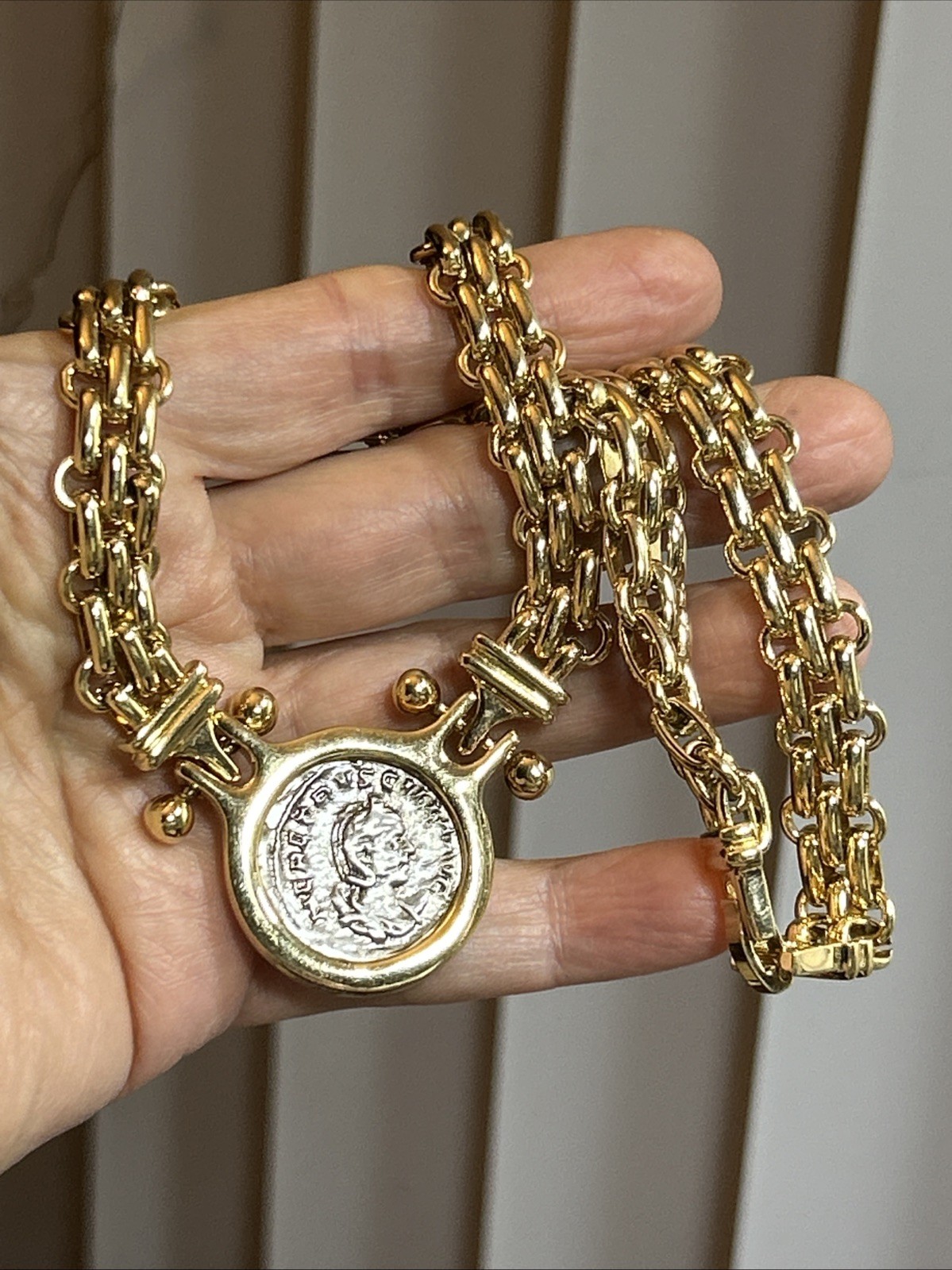 46. Gold tone Faux Roman Coin Basket Braided Chain link Collar Necklace 16 1/2″