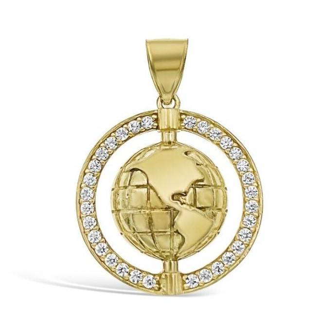 10K Yellow Gold CZ World Globe Pendant 1″