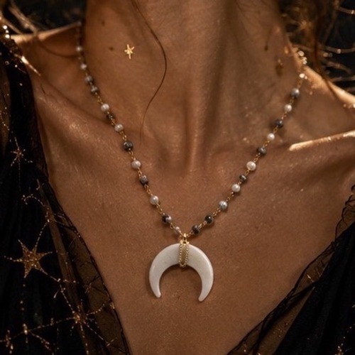Crescent Moon Horn Necklace Pearl Dalmatian Jasper Gold Tone Celestial Boho