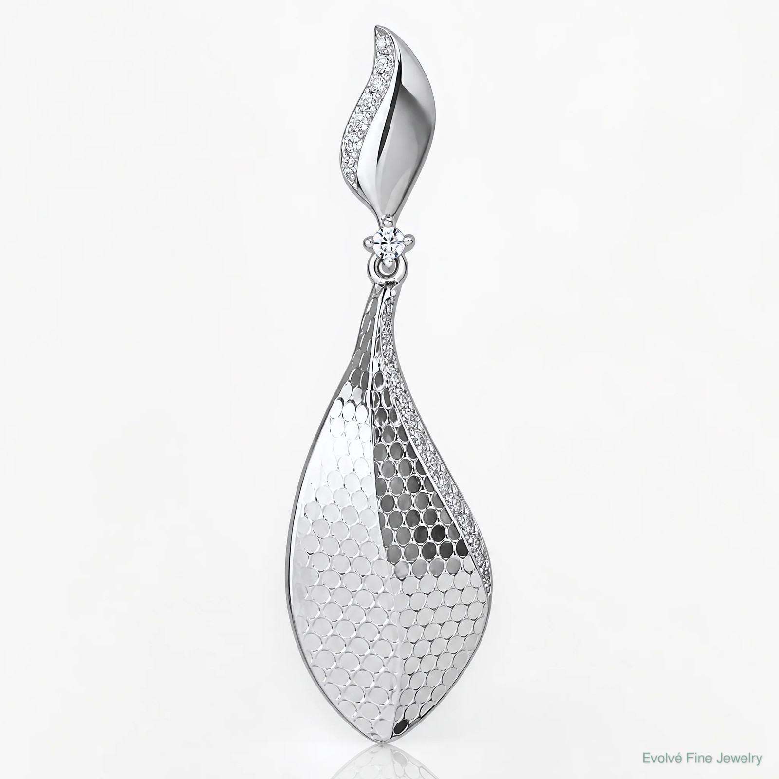 Sterling Silver Rhodium-Plated CZ Textured Tear Drop Pendant
