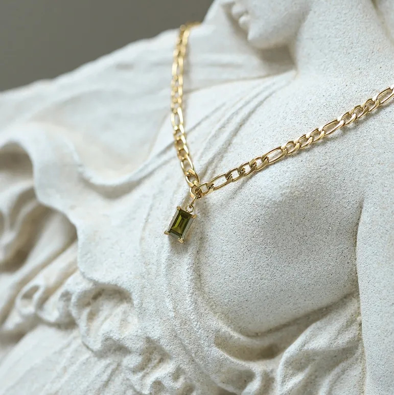 Gold Green Crystal Pendant Necklace Women CZ Emerald Cut Chain