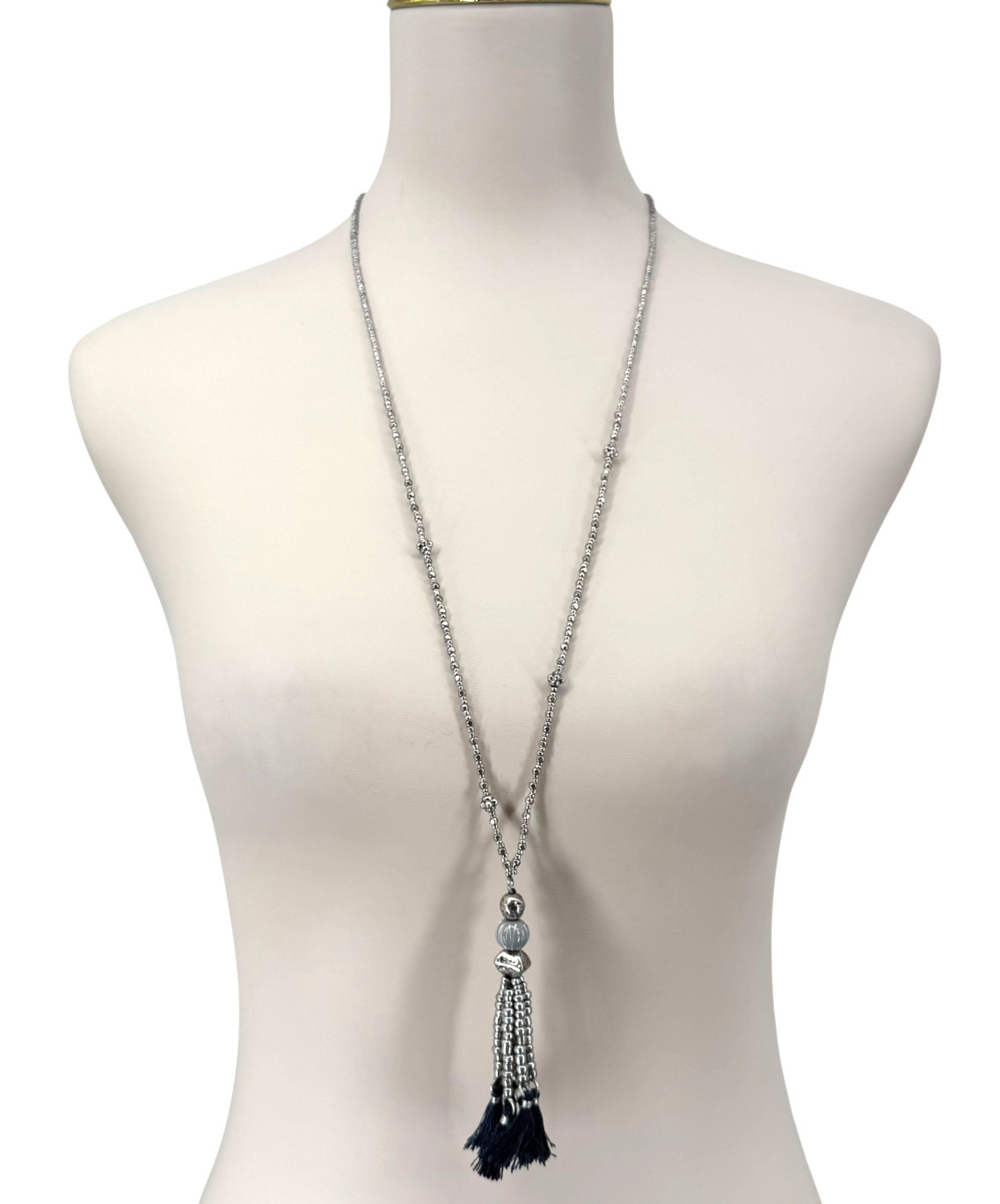 J Jill Tassel Necklace Silver Tone Beaded Blue Pendant Boho Long 32″ Coastal NWT