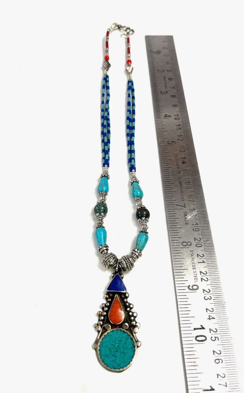 Tibetan Turquoise Lapis Gemstone Handmade Necklace Jewelry, 17 Inch Adjs