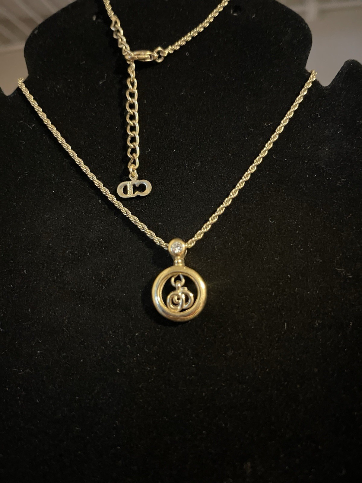 Dior Signed Gold Tone Rope Chain Necklace Round Clear Rhinestone CD Pendant