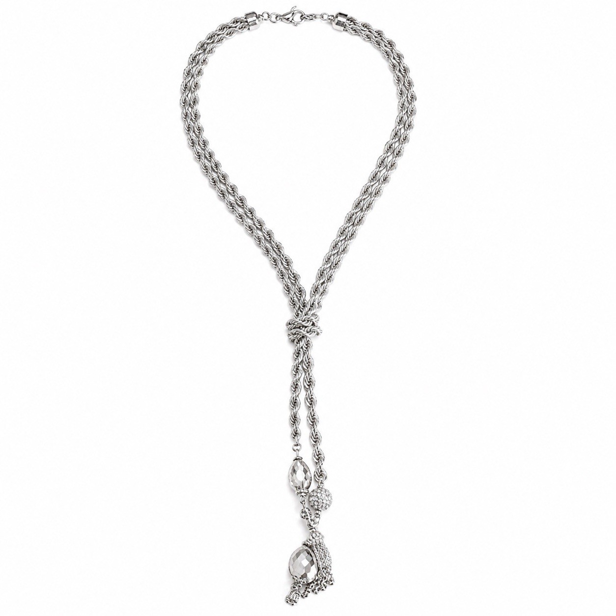 NEW Traci Lynn Silver Rope Lariat Necklace Crystal Drop 17”- 20” Statement Piece