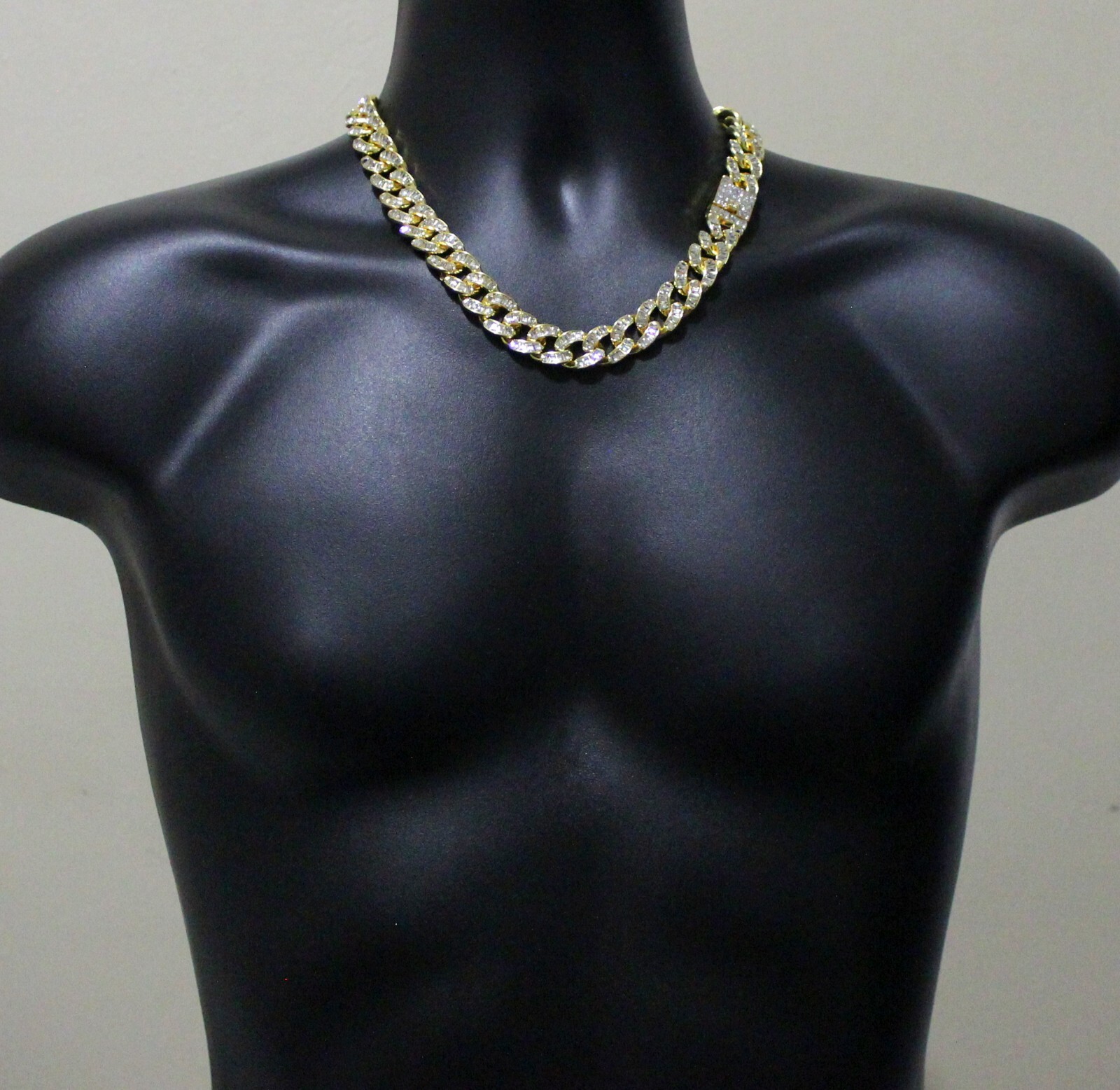 Mens 15mm Iced Baguette CZ Cuban/Curb Link Gold Plated 7″-30″ Necklace