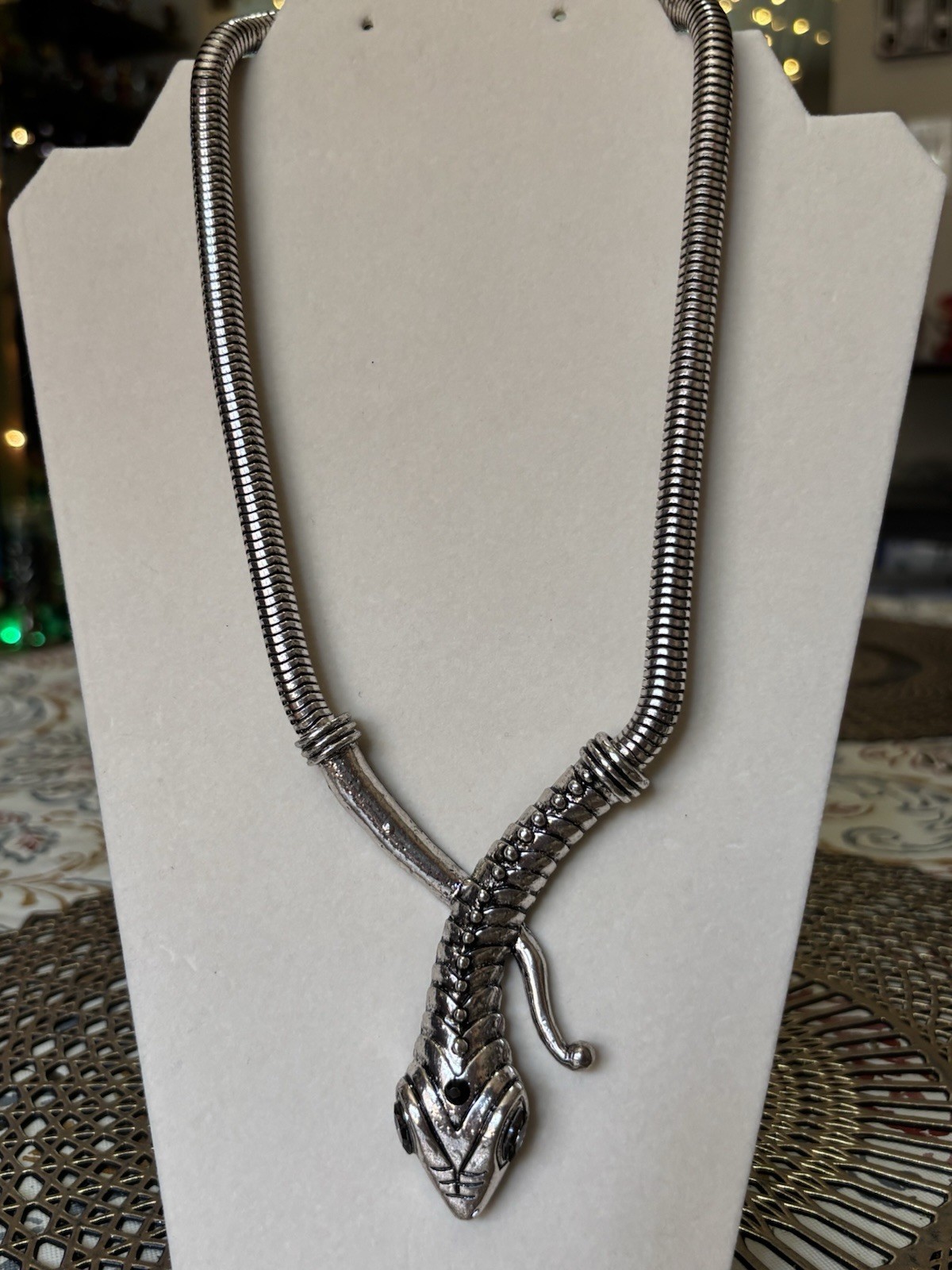 Silver Plated Snake Pendant Necklace Gray Marquise Crystal Eyes Adjustable