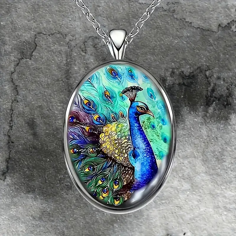 Peacock Beauty Oval Jewelry Vintage Silvery Gothic Bird Pendant Necklace