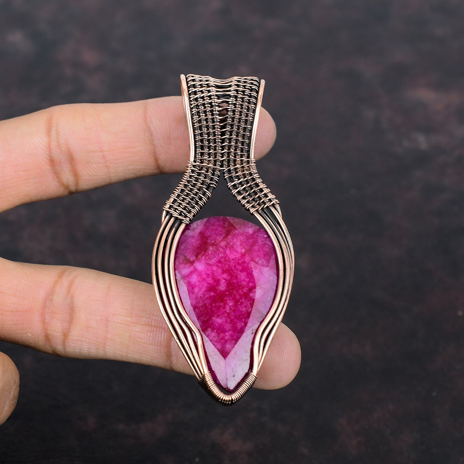 Unique Gemstone Jewelry Copper Gift For Mum Wire Wrapped Red Stone Pendant 3.23″