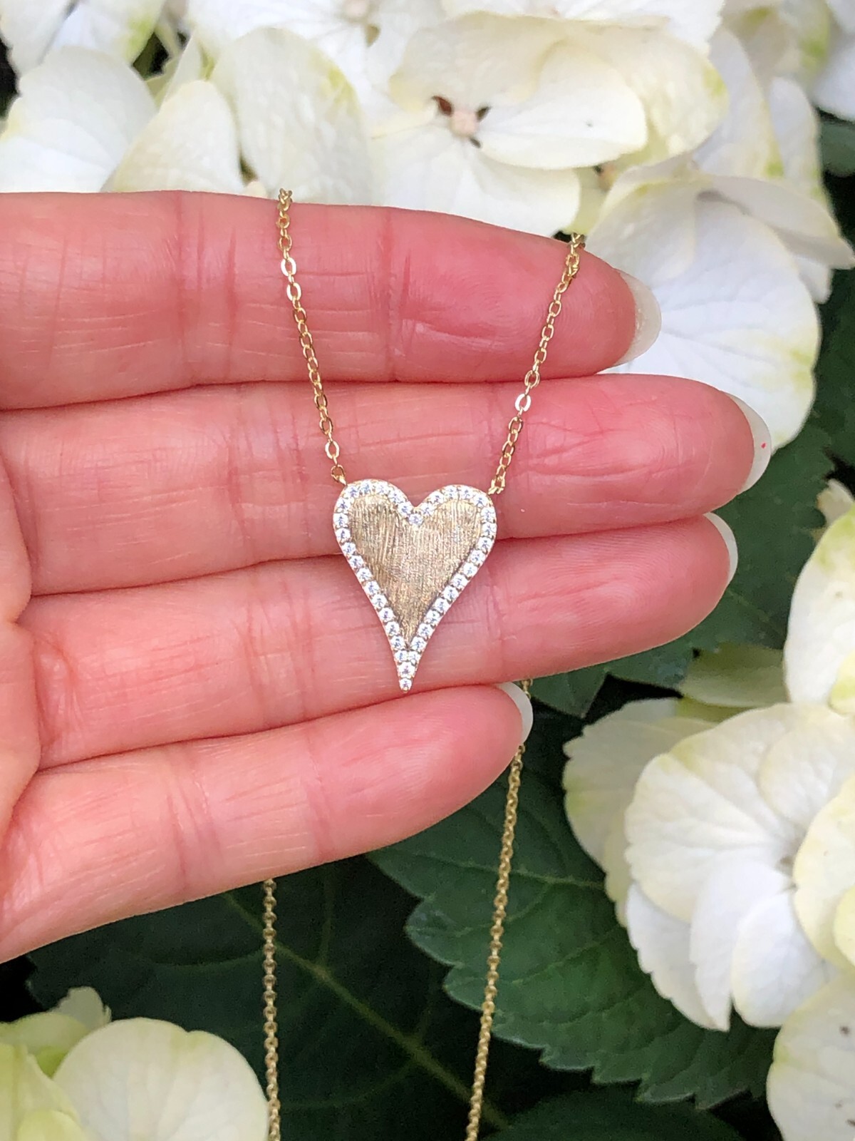 925 Sterling Silver CZ Matte Gold Heart Pendant Necklace Women 19mm/0.75″ 17.5”