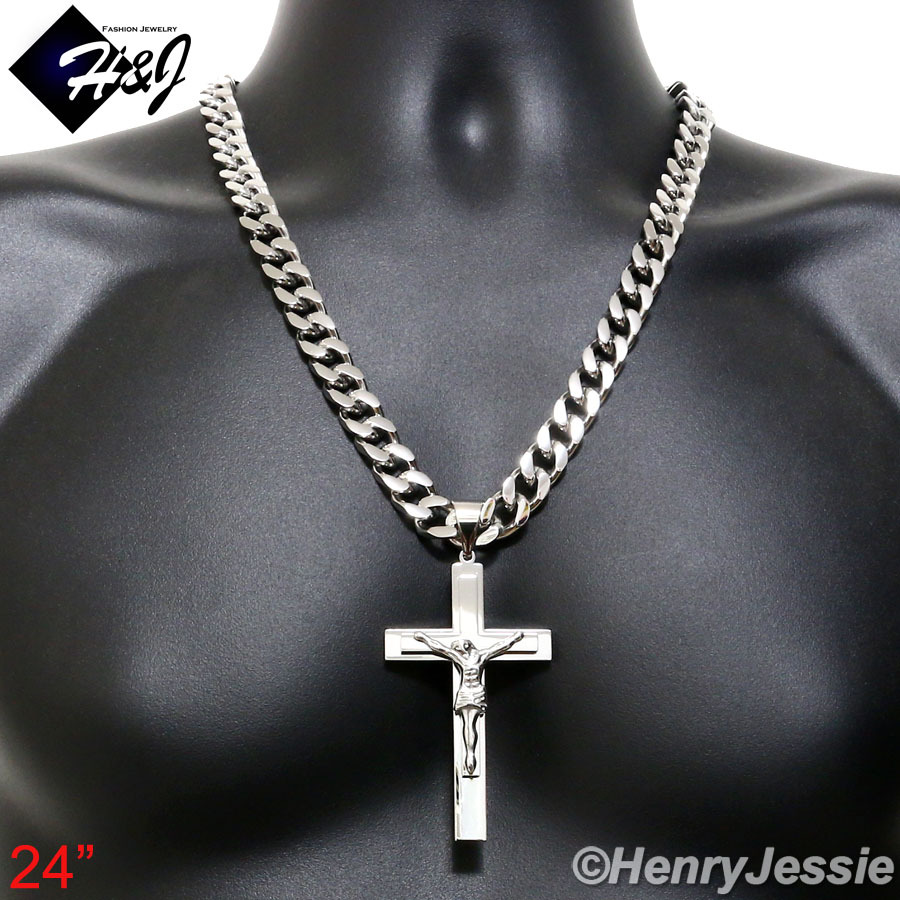 24″MEN Stainless Steel 11mm Silver Cuban Curb Chain Necklace Cross Pendant*BJ1