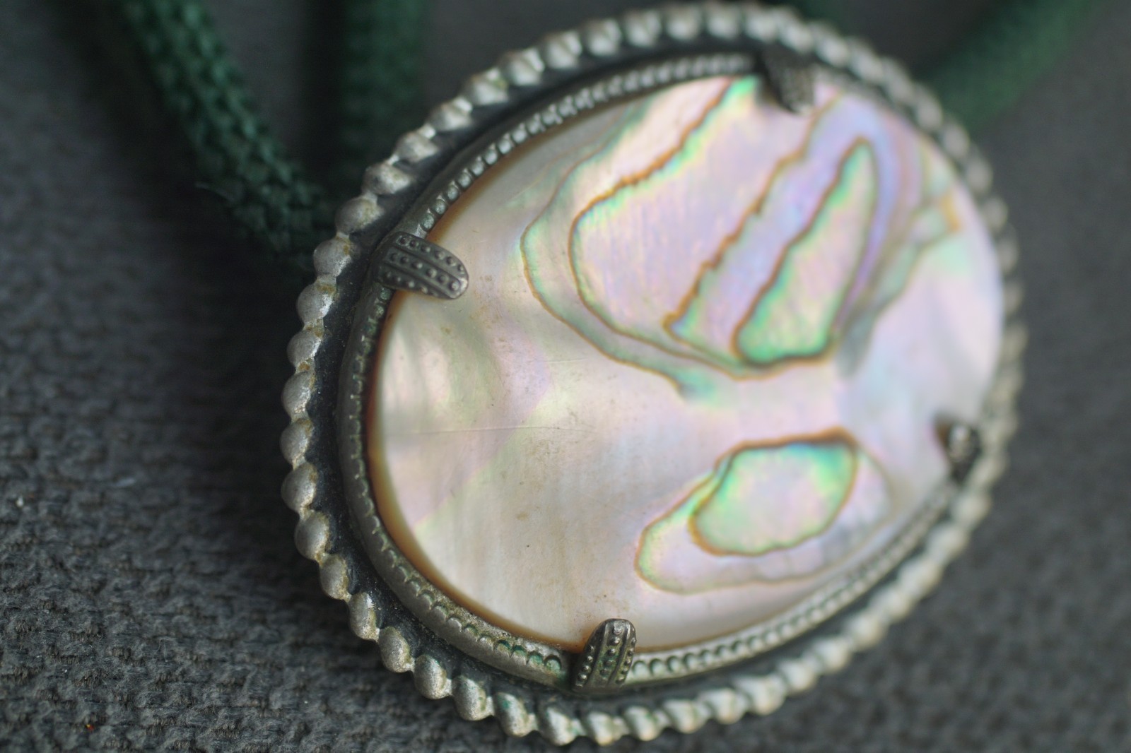 Vintage Abalone on Green Cord 18″ Lariat String Ties (2), adjustable length