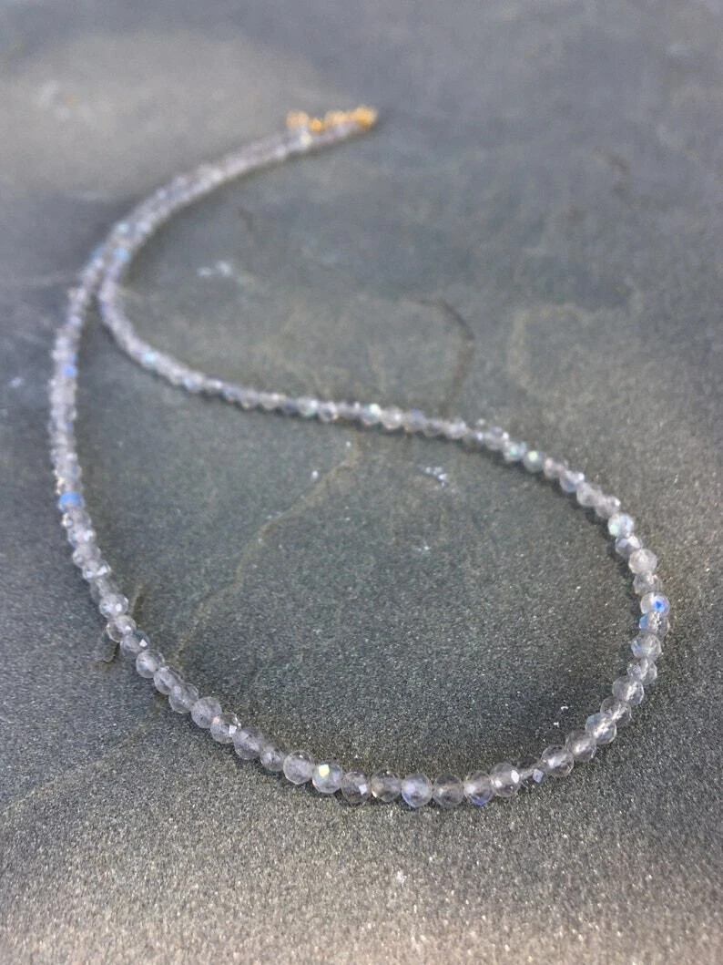 Natural 2mm Labradorite Crystal Gemstone Faceted Beads Dainty Choker Necklace