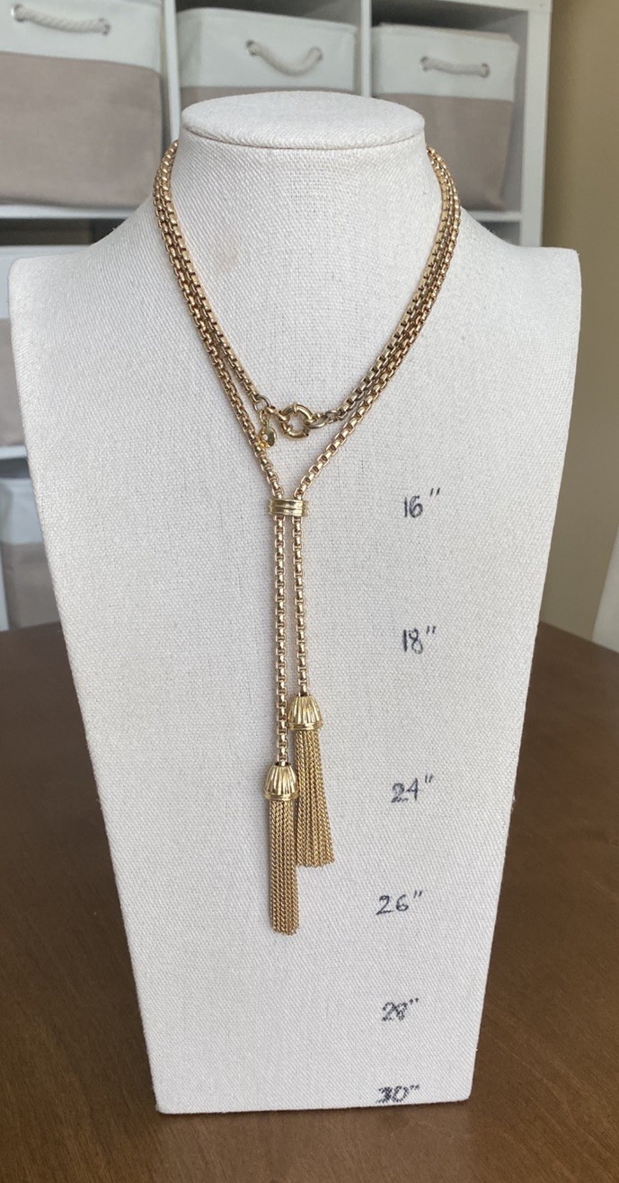 J Crew Gold Tone Lariat Boxed Chain Double Tassel Necklace Flapper style Vintage