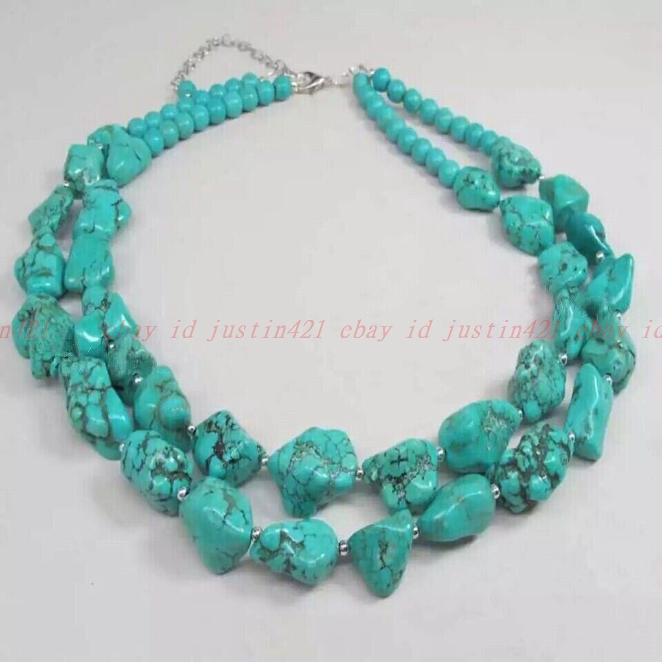 2 Strands Natural Turquoise Chunky Nugget Irregular Gems Necklace Earrings Set