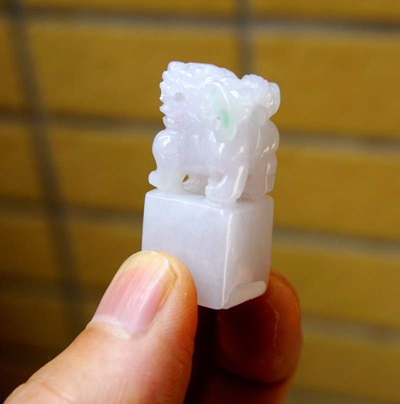 Certified Natural Grade A White Green Jade Jadeite Seal w Pixiu 684
