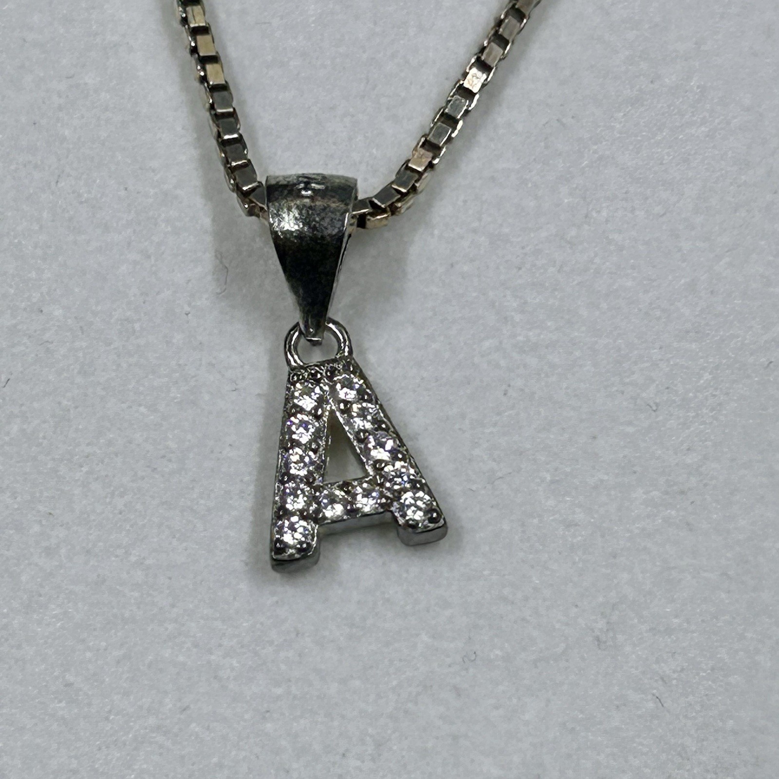 925 Sterling Silver Box Chain Letter A Pendant Necklace White CZ Pavé Lobster