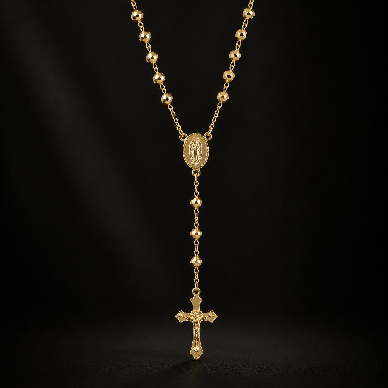 HEIRLOOM 18K GOLD PLATED ROSARY | RARE 24″ CRUCIFIX & VIRGIN MARY BEADED CHAIN