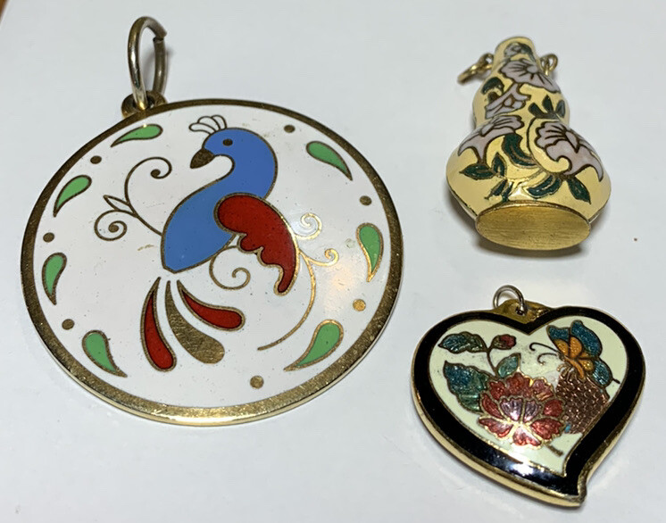 3 Various Enamel Pendants (Heart, Vase, Distelfink Bird) No Chains