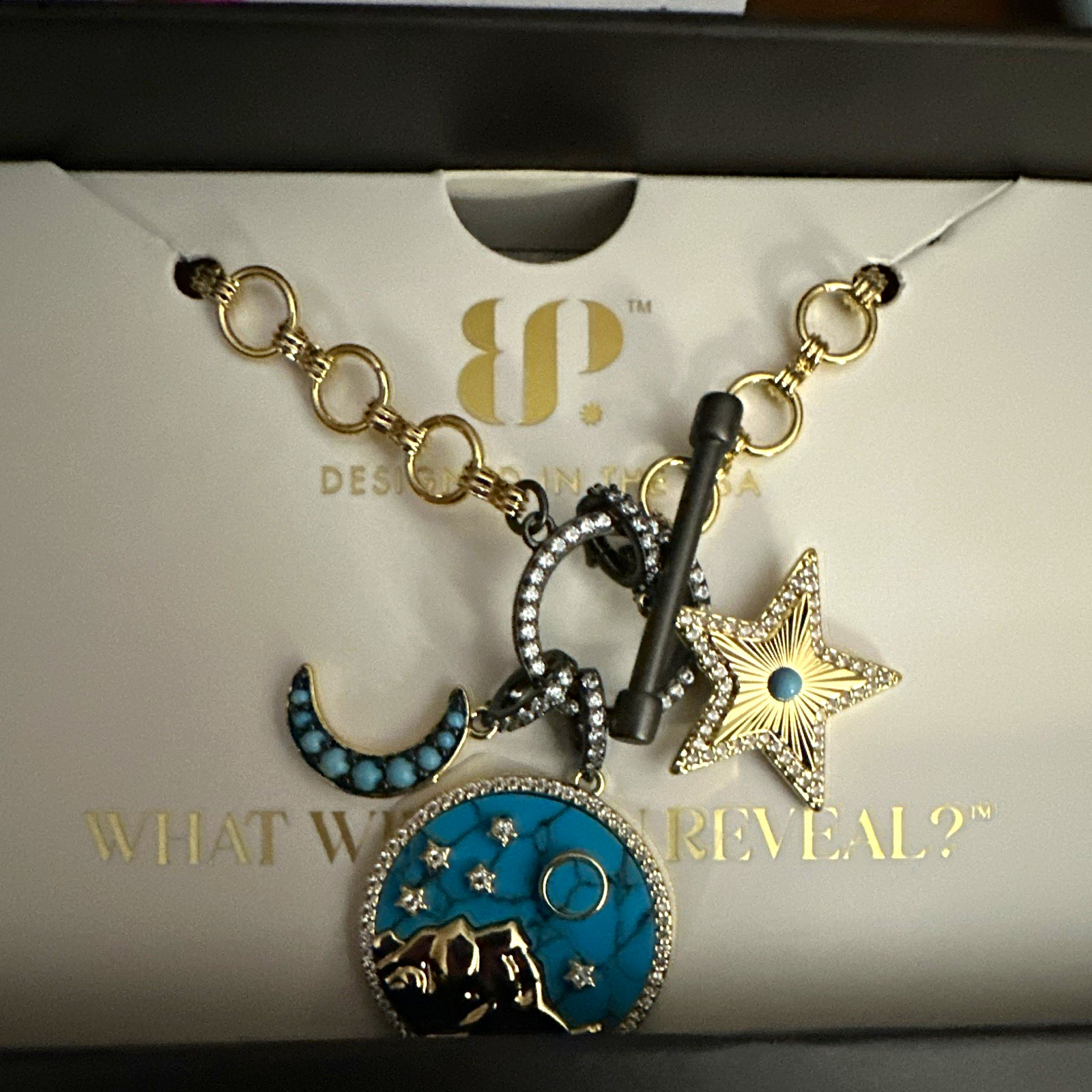 BP Gold Tone Round Link Chain Charm Necklace w/ Turquoise, CZ, Star Moon