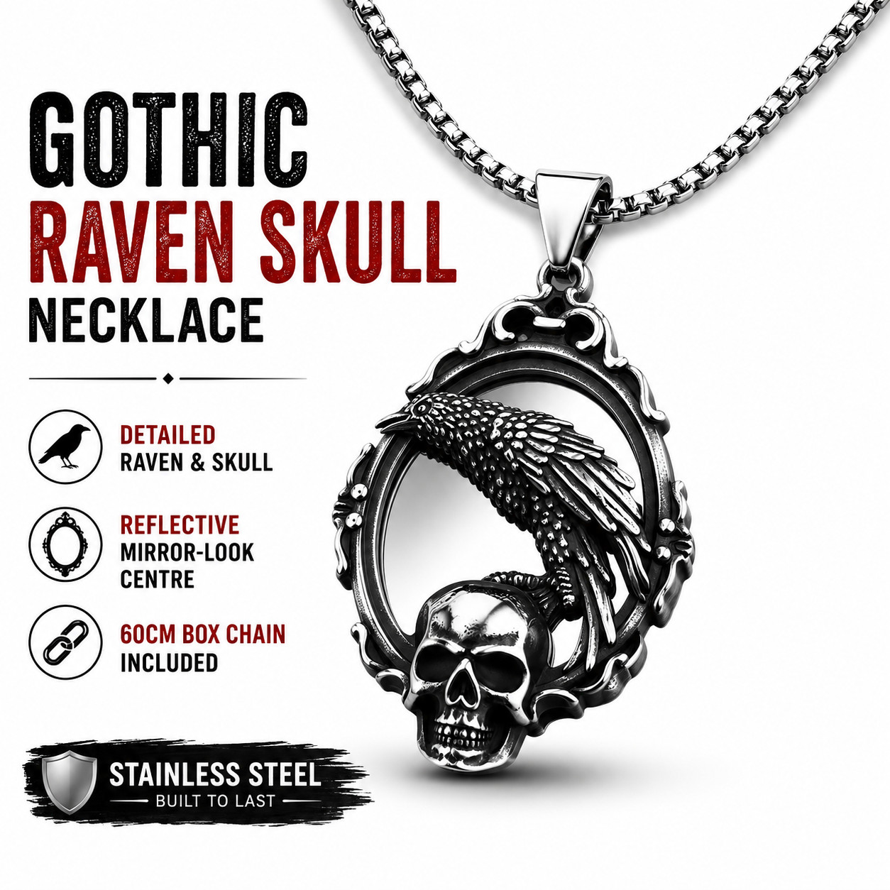 Men’s Gothic Raven Skull Mirror Necklace Antique Silver Pendant Chain Biker Gift