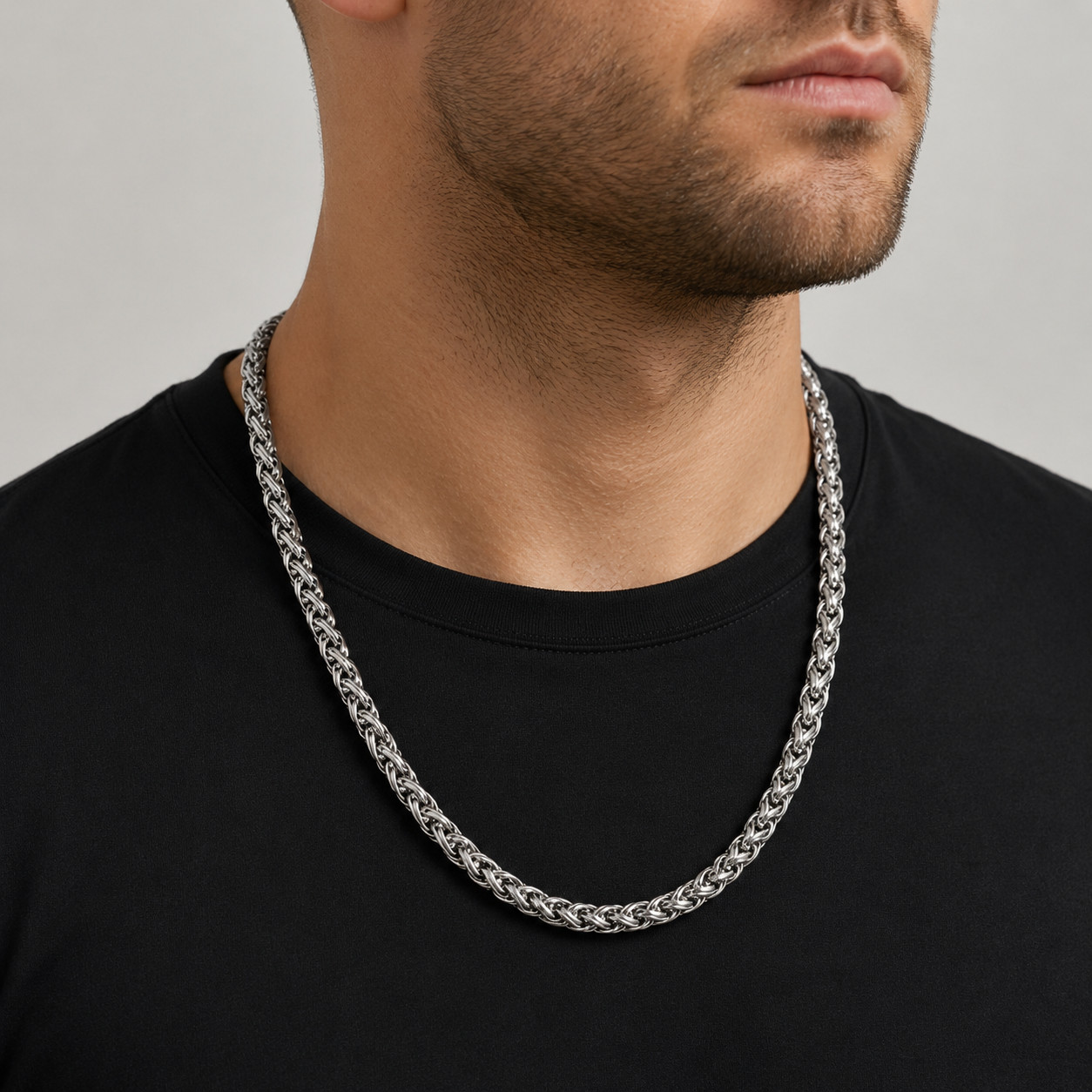8mm Men’s Stainless Steel Wheat Chain Necklace 24in Thick Braided Silver Tone