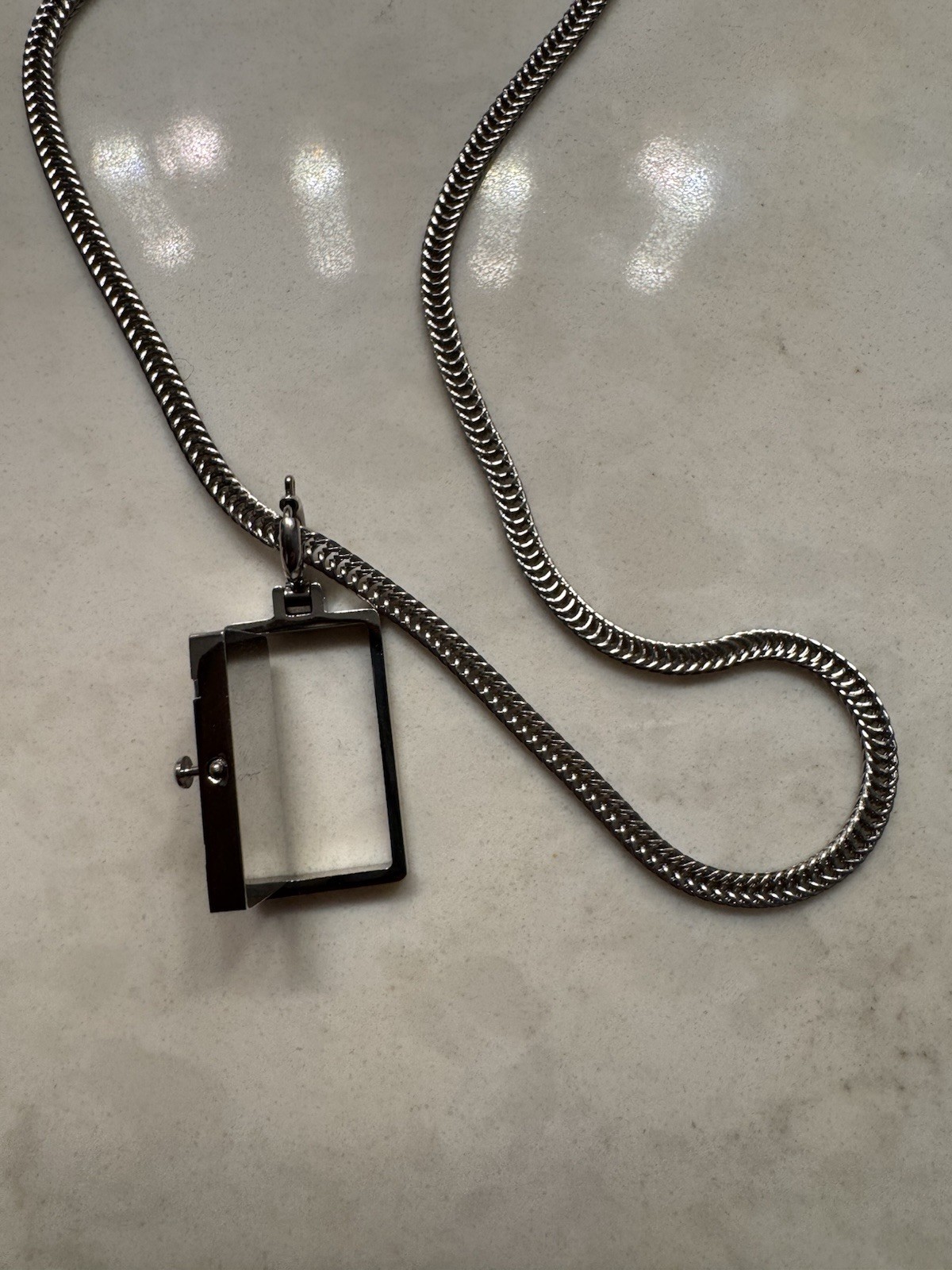 BLACKHEAD Silver Snake Chain Rectangle Locket Pendant Necklace, Herringbone