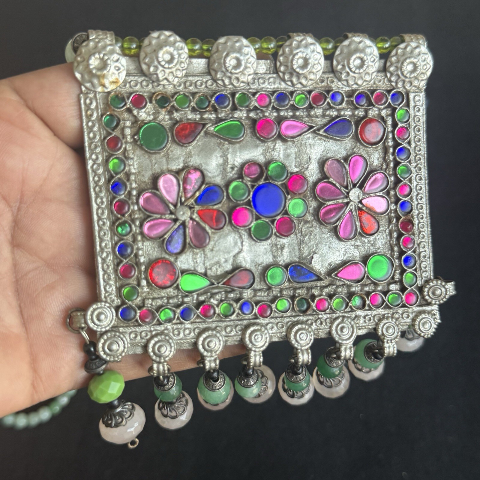 Multicolor Beaded Statement Necklace Silver Rectangle Floral Charm Dangle