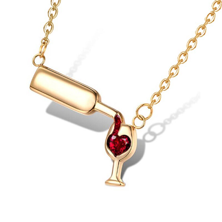 Gold Bottle of Wine w/ Glass Pendant Chain Necklace Jewelry – Cute and Fun