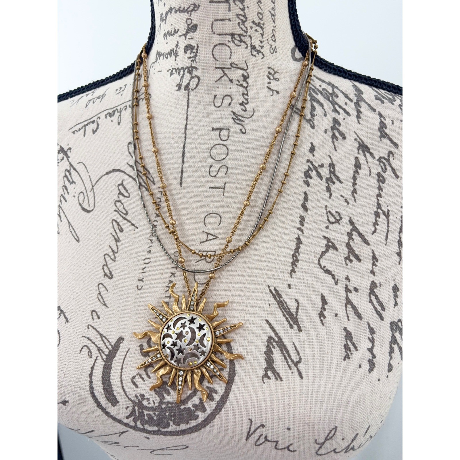 Chico’s Sunburst Pendant Necklace Two Tone Multi Strand Sun Moon Star Celestial