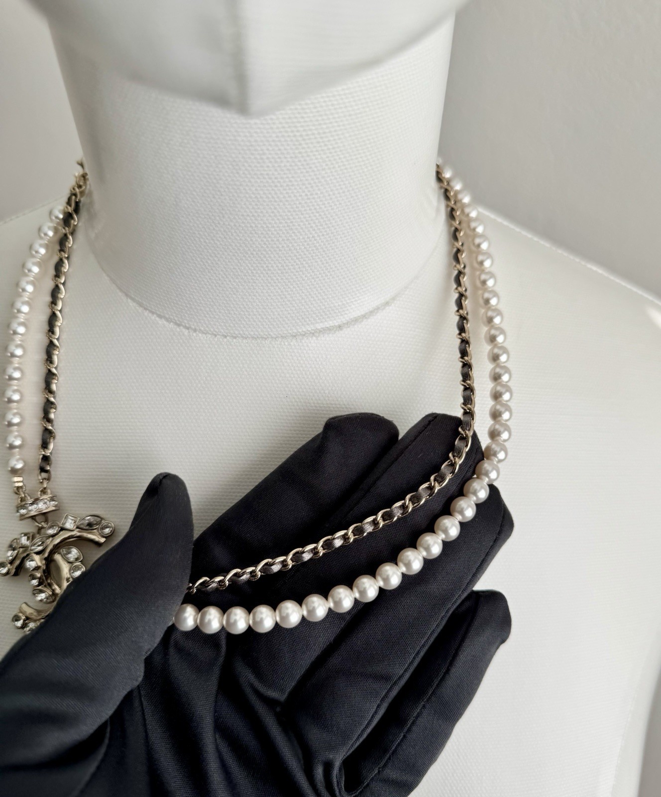 Chanel Pearl Crystal CC Necklace Bronze Leather 23P Adjustable Light Gold Chain