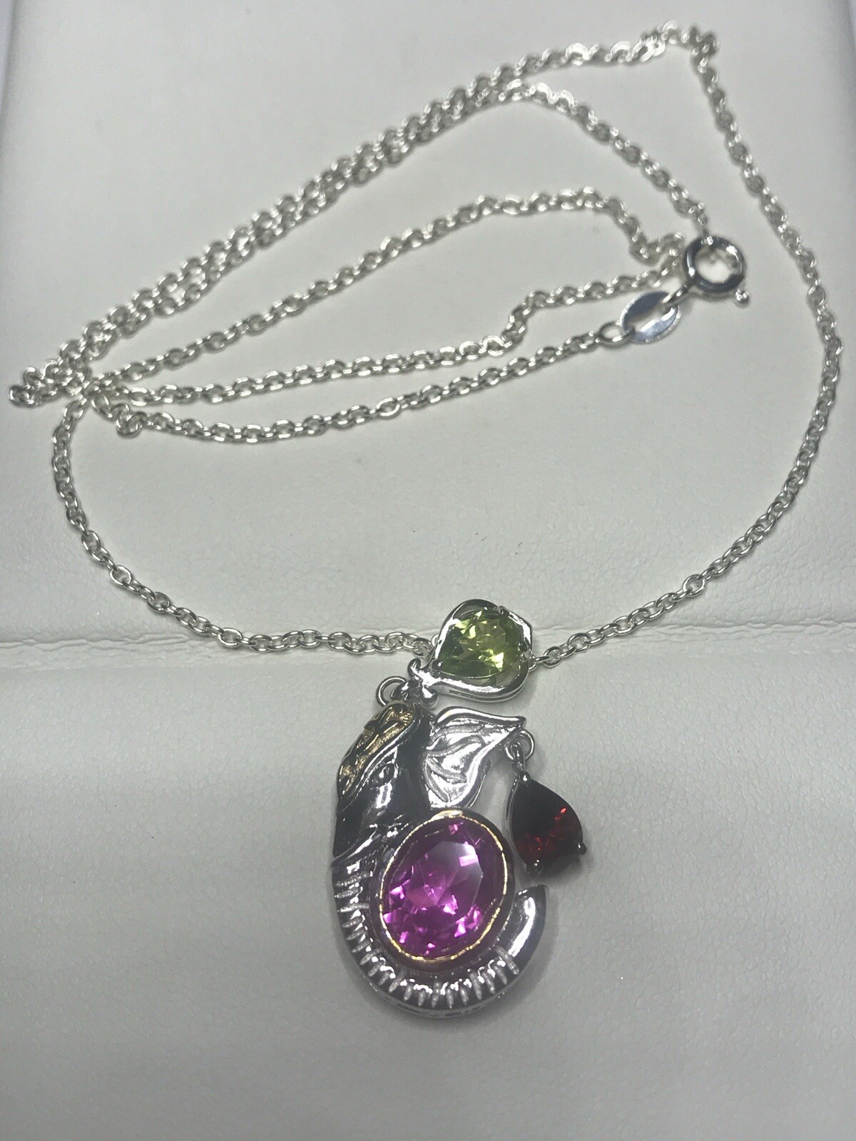 Gold And Silver Plated Elephant Profile Pend With Multi Color Stones & 20” Chain
