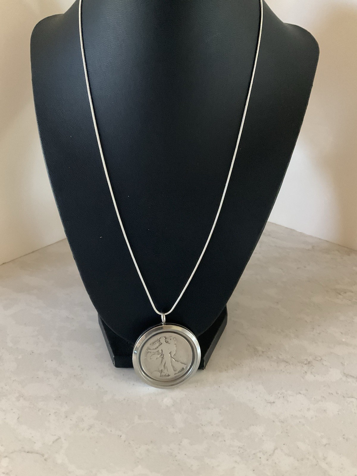 ANTIQUE COIN 90% SILVER WALKING LIBERTY HALF $ PENDANT With Sterling 20” Chain