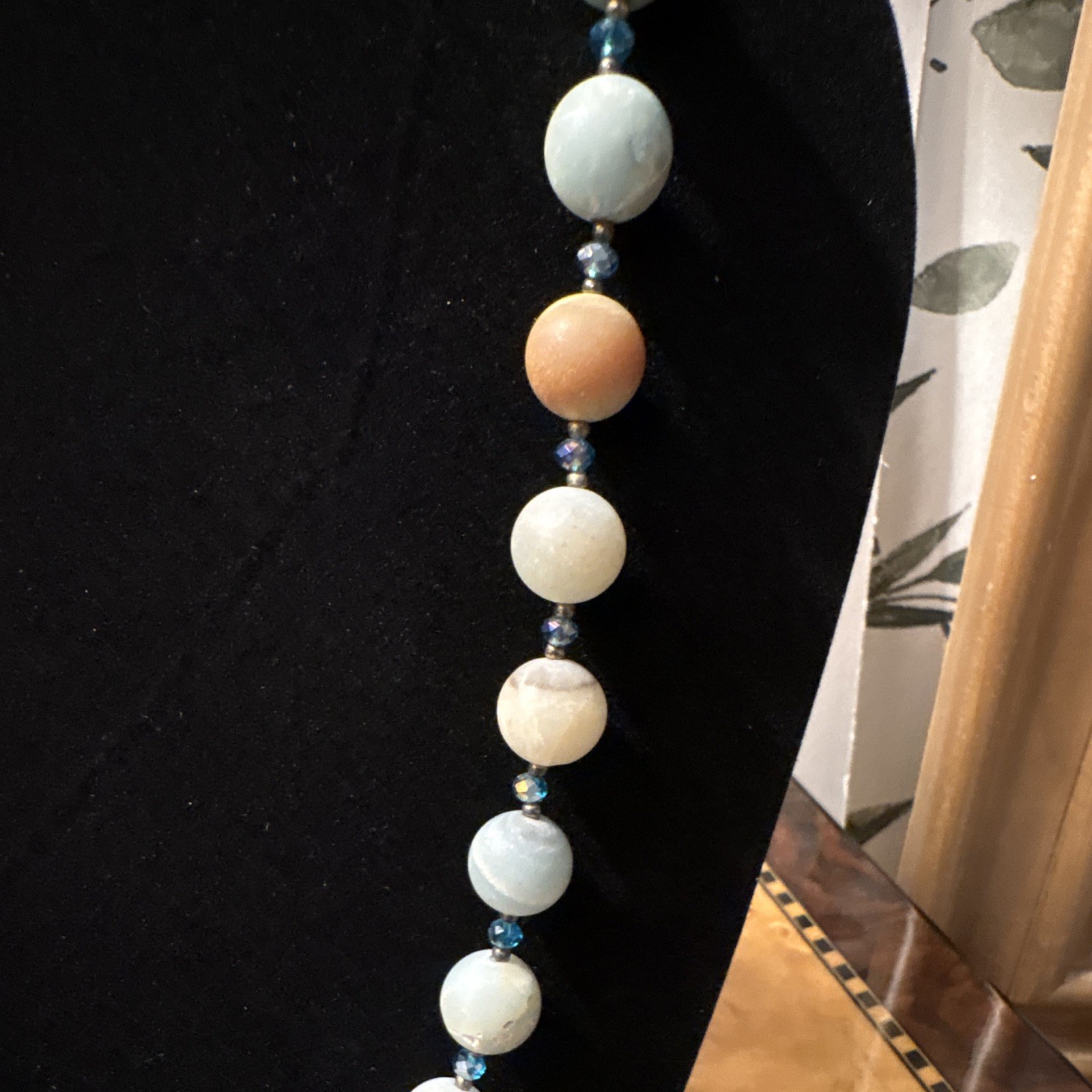 Handmade Blue/White Glass & Stone Beaded Necklace 20 in Ball/Bead Toggle