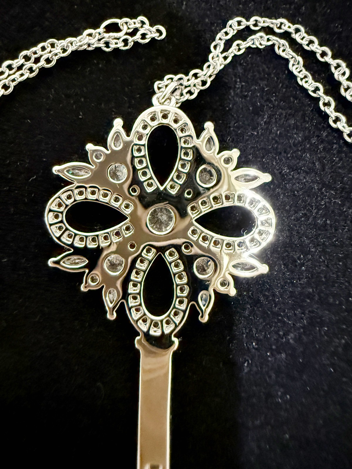 18K White Gold Plated Flower Key Pendant Necklace with Cubic Zirconia Stones