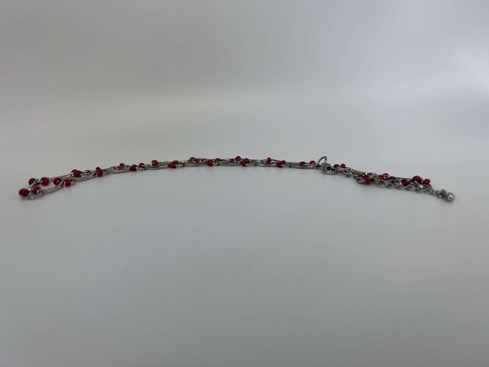 Necklace Silver Tone Red Glass Bead Station Curved Bar 18 Inch Lobster Clasp
