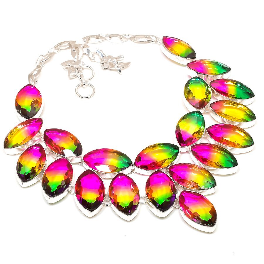 BI-Color Tourmaline Marquise Shape Gemstone Necklace Handmade Chain Jewelry 18″