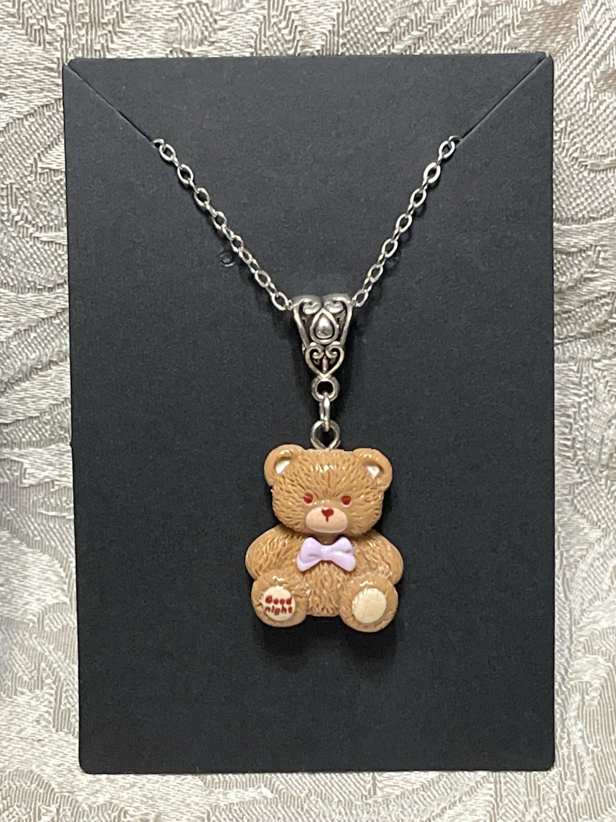 Whimsical Teddy Bear Resin Charm Pendant Fashion Trendy Silver Necklace 18”