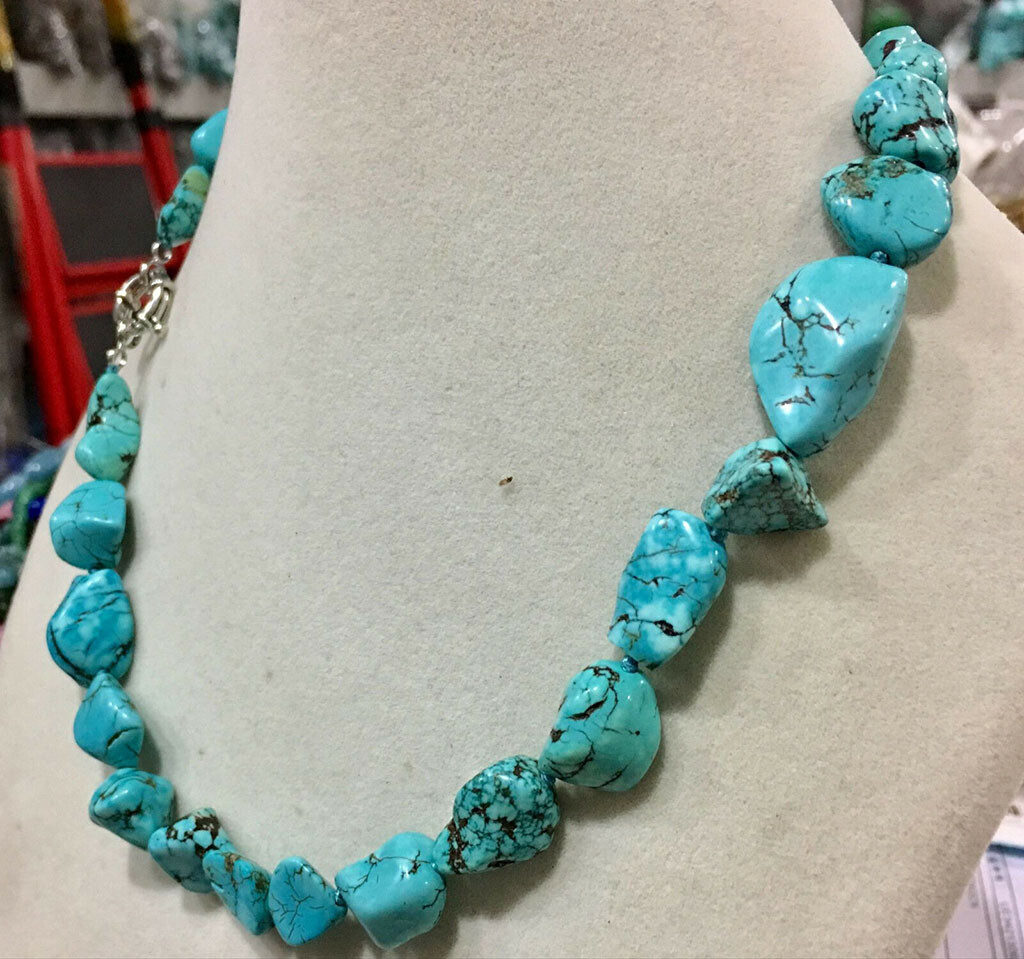 Pretty Genuine Natural 10-14mm Blue Turquoise Gems Irregular Beads Necklace 18″