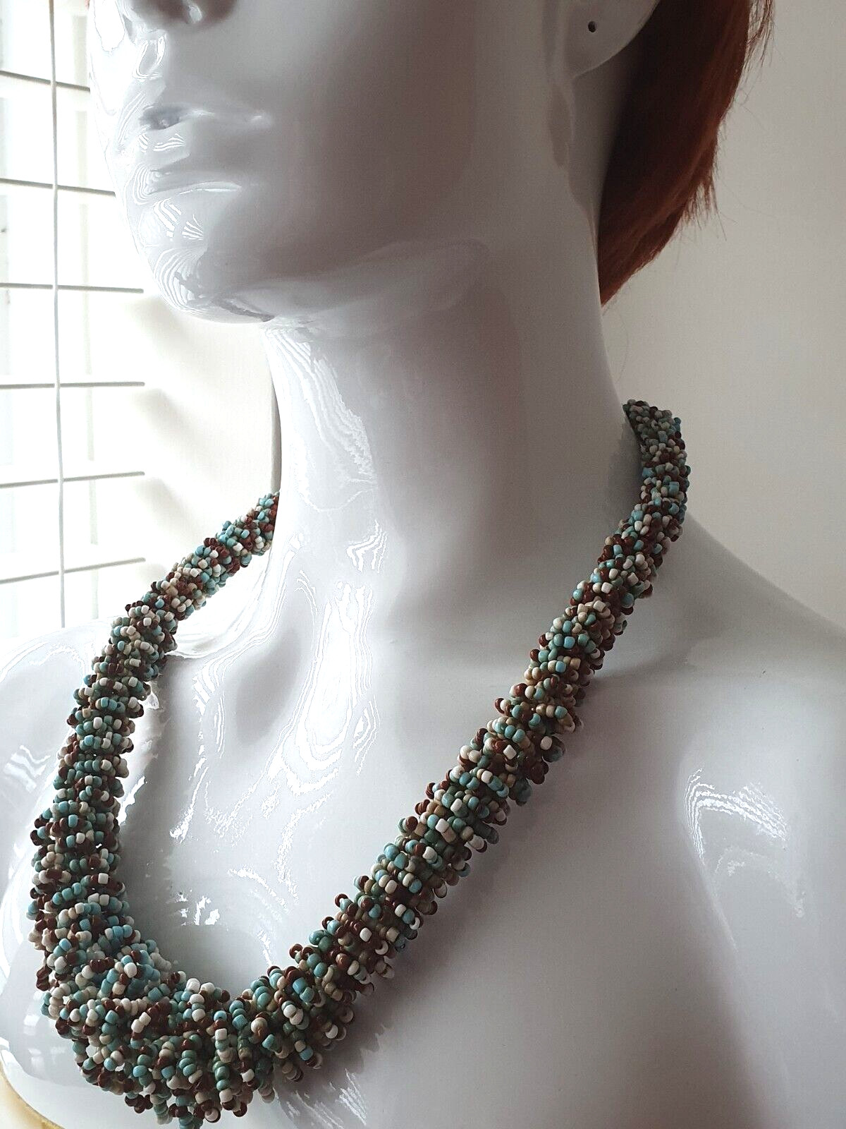 Blue White Brown Twisted Seed Bead None Metal Tribal Ethnic Adjustable Necklace