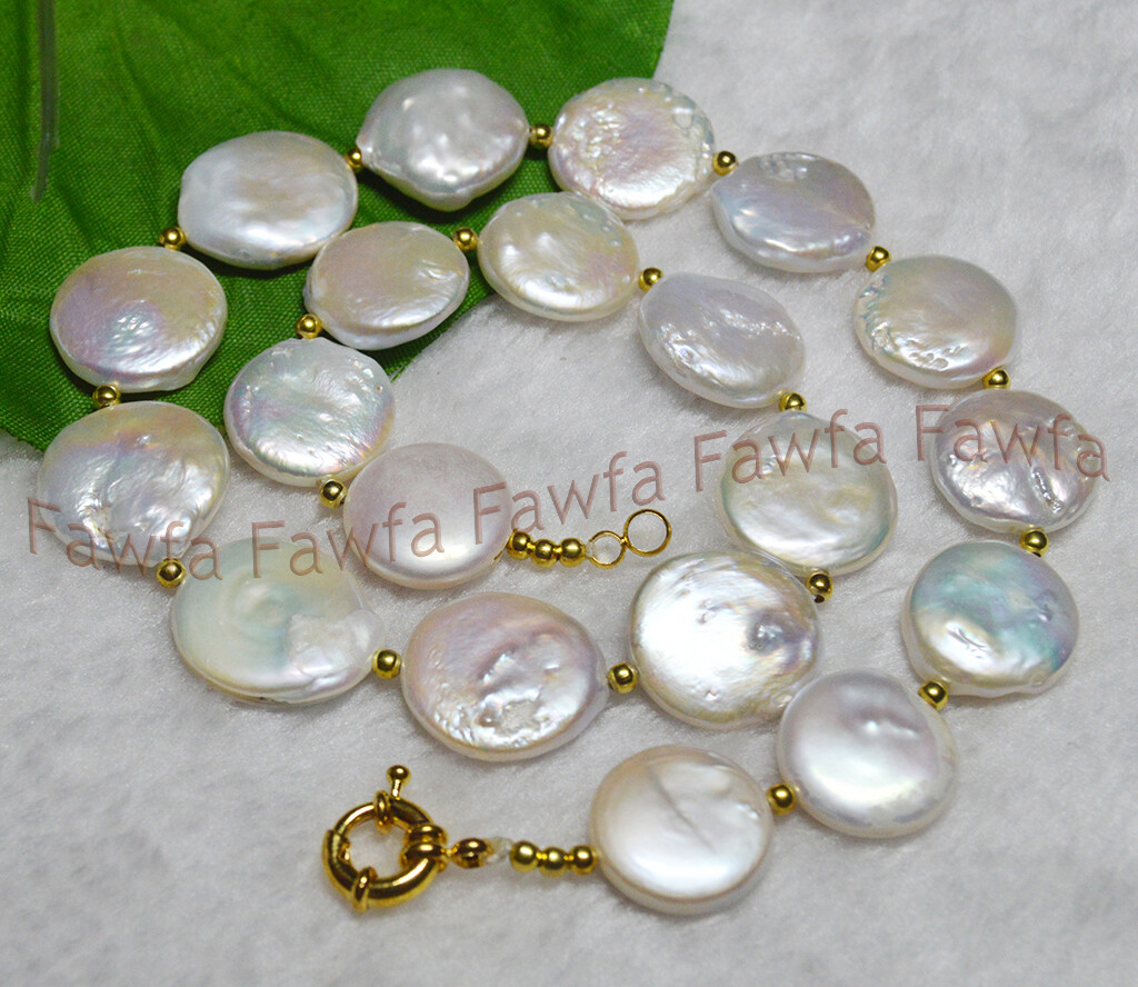 Huge 18-20mm Genuine White Freshwater Cultured Flat Coin Pearl Necklace 18”